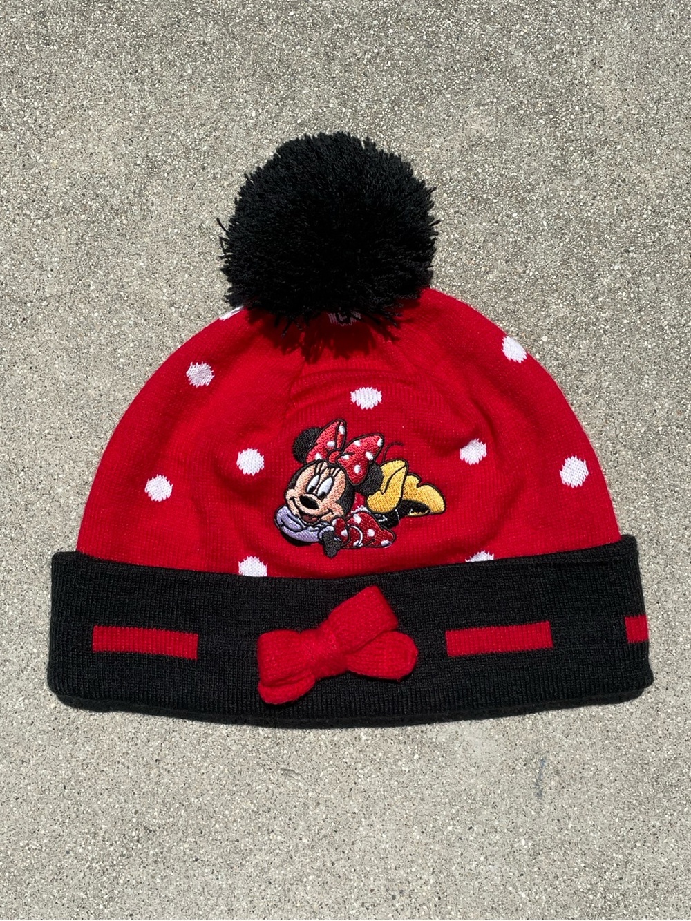 Vtg Disney Minnie Mouse Polkadot Bow Red/Black Beanie Cap One Size Fits All